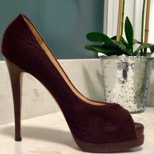 Christian Louboutin Fur Burgundy Peep Toe Shoe